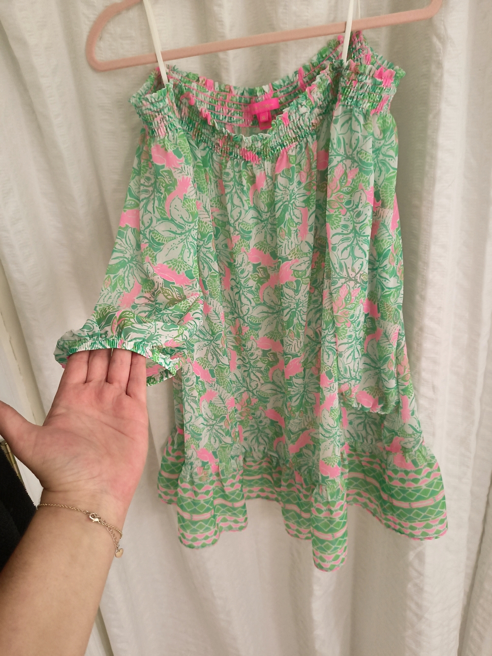 Lilly Pulitzer Pink & Green Floral Off-Shoulder Midi Dress